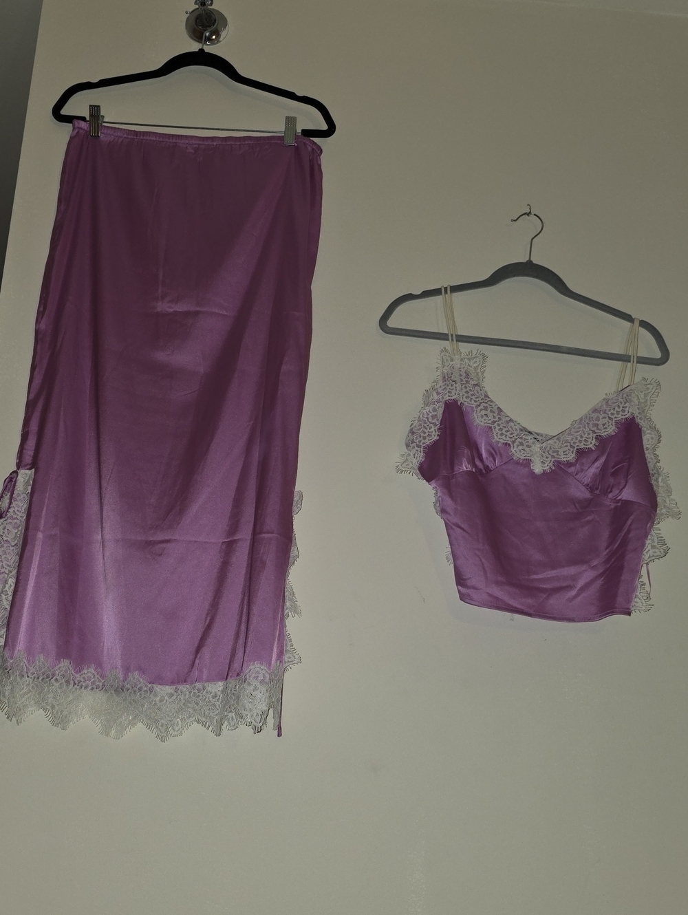 Fashion Nova Lavender Satin Lace Slip Skirt and Camisole Set